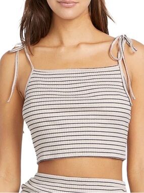 Volcom Cream and Black Striped Tie-Shoulder Ribbed Crop Top